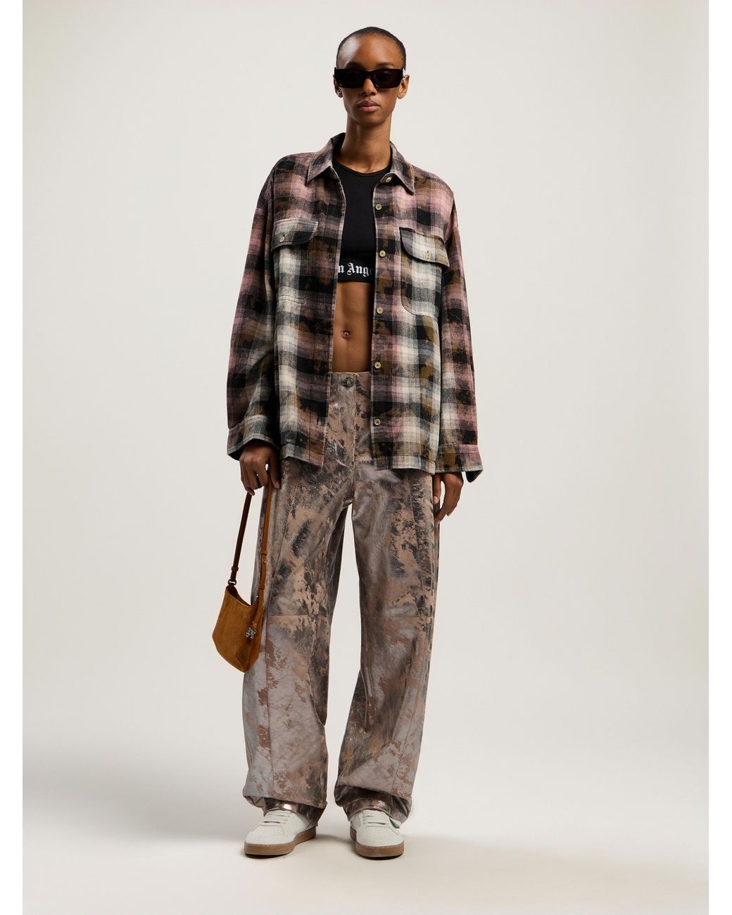 Palm Angels Natural Curved Logo Coated Checkshirt