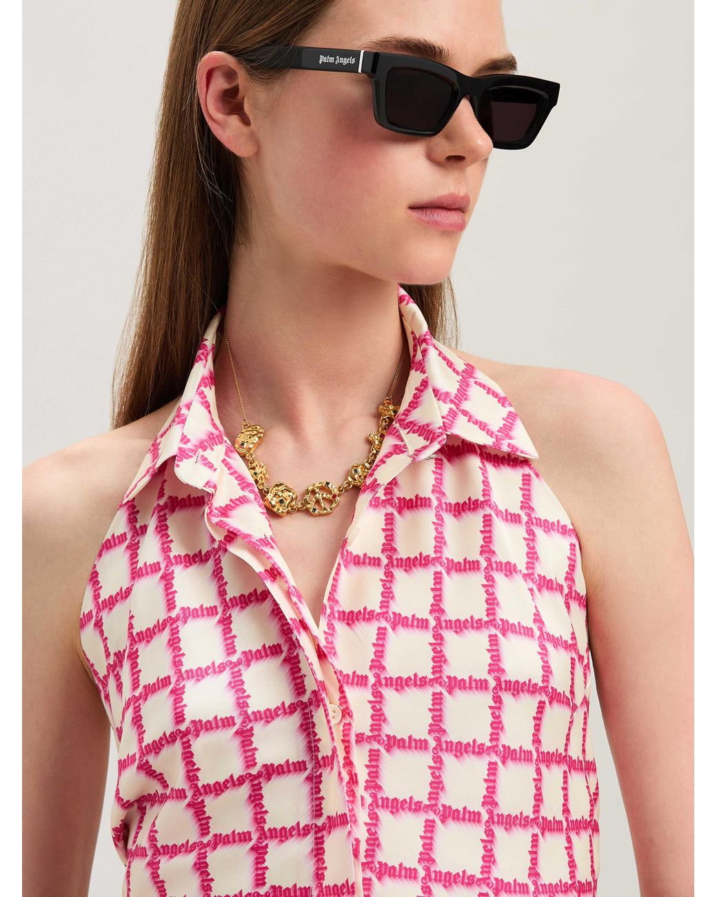 Palm Angels Pink Net Logo Open Back Shirt Ivory