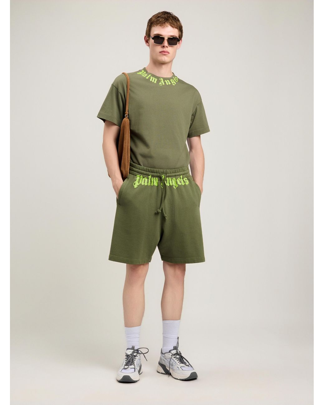 Palm Angels Green Neck Logo T-Shirt for men