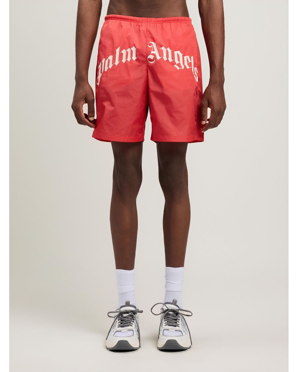 Palm Angels Red Curved Logo Swimshorts for men