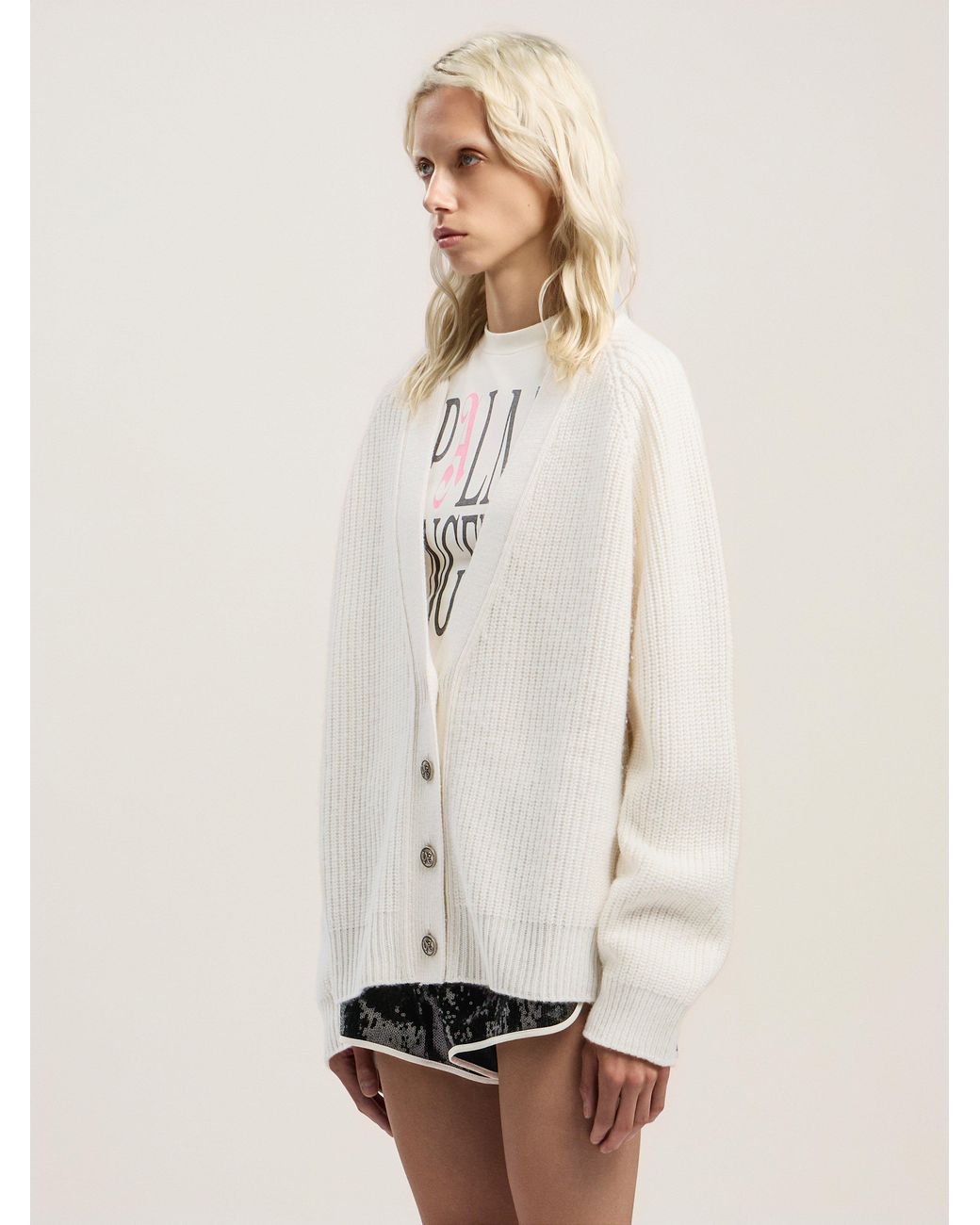 Palm Angels Natural Curved Logo Ribbed Cardigan Off