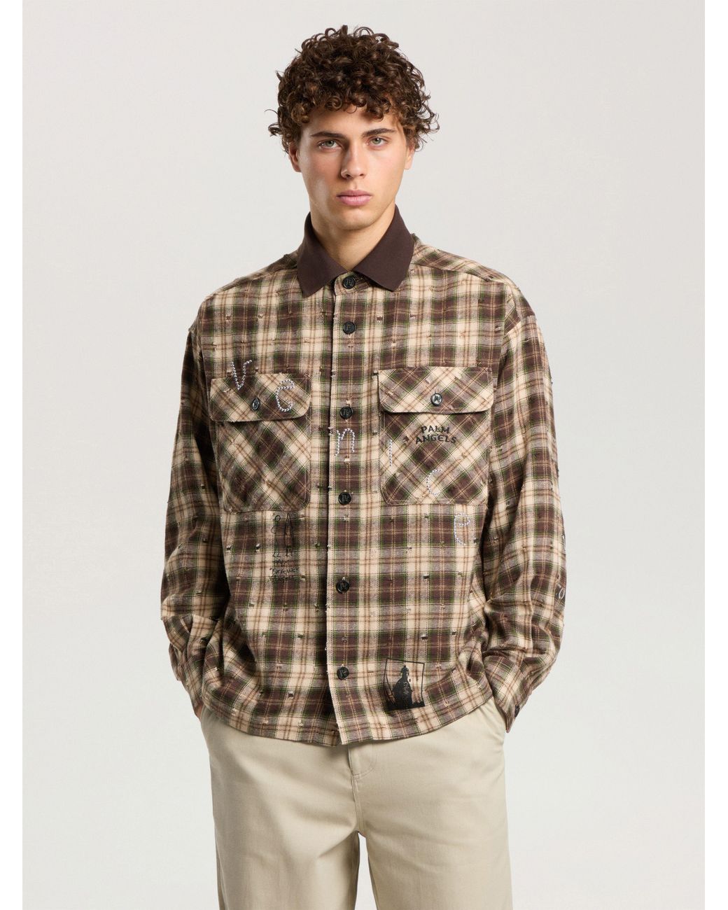 Palm Angels Natural Surfer Dream Check Loose Shirt for men