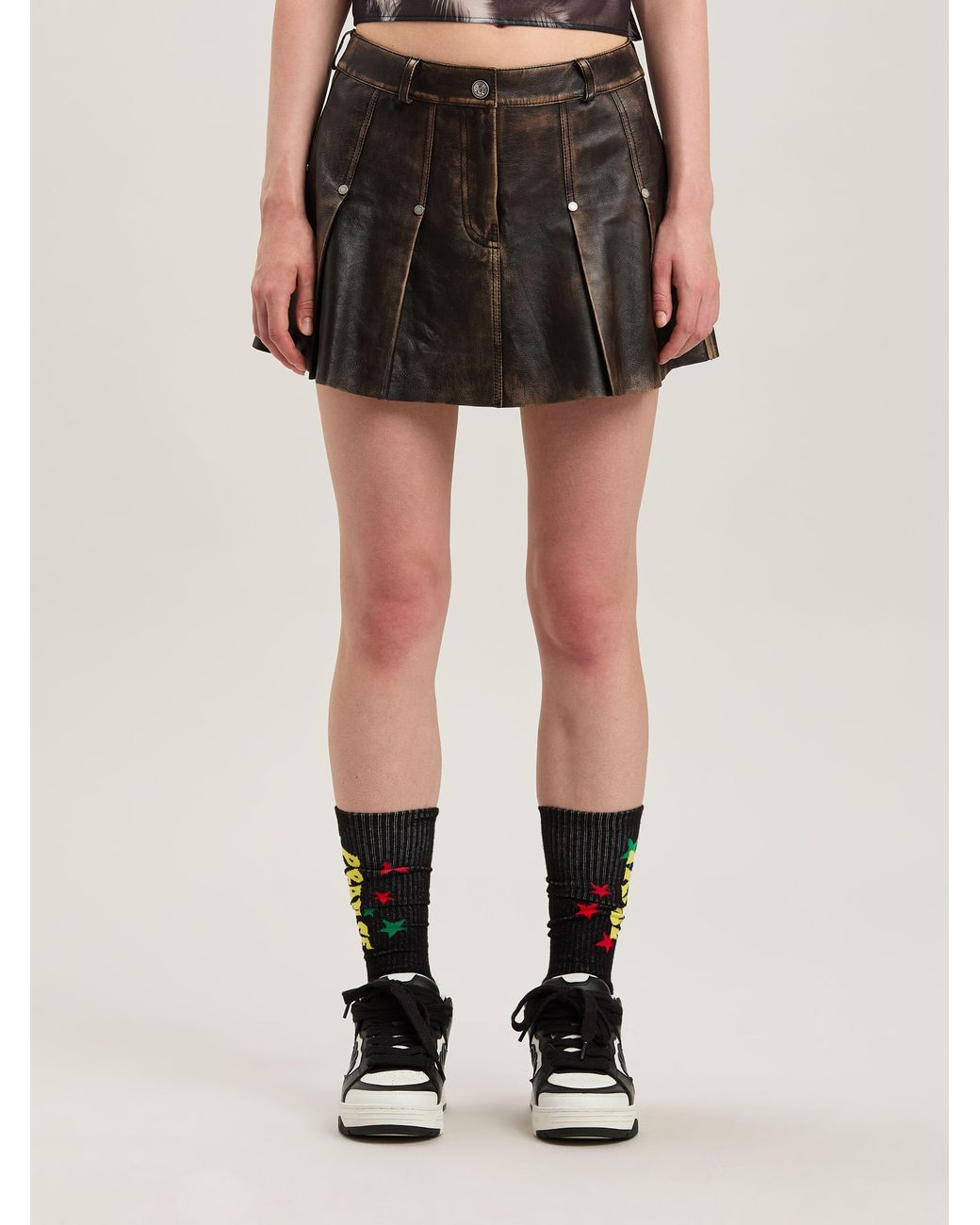 Palm Angels Black Curved Logo Lea Pleated Skirt