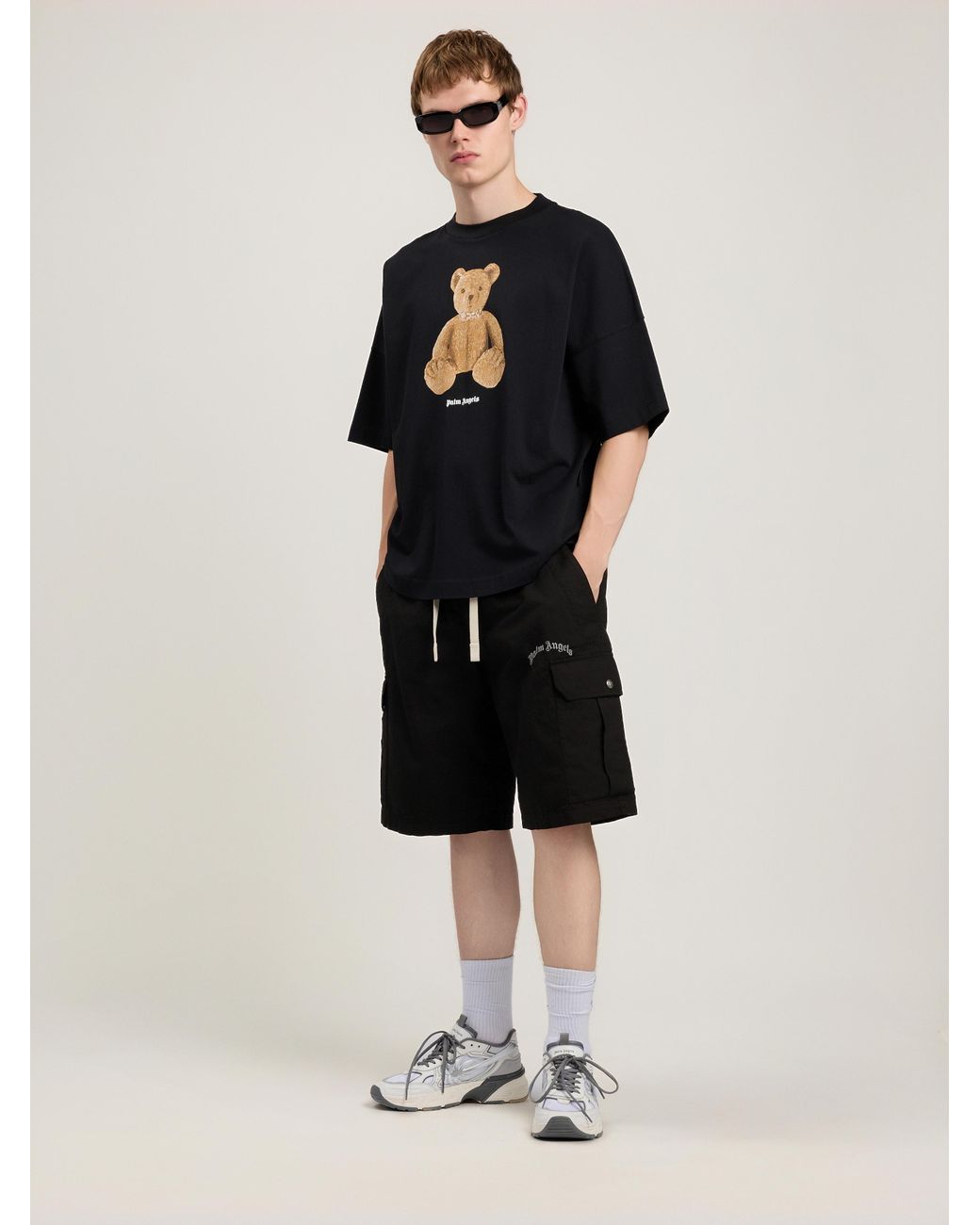 Palm Angels Black Curved Logo Loose Cargo Shorts for men