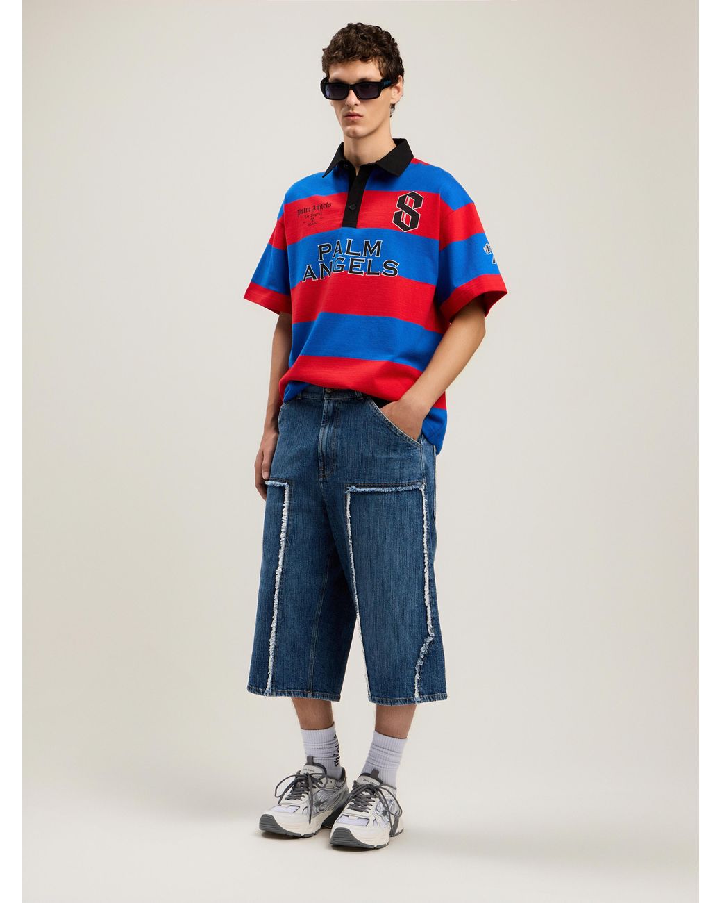 Palm Angels Blue Curved Logo Skater Shorts for men