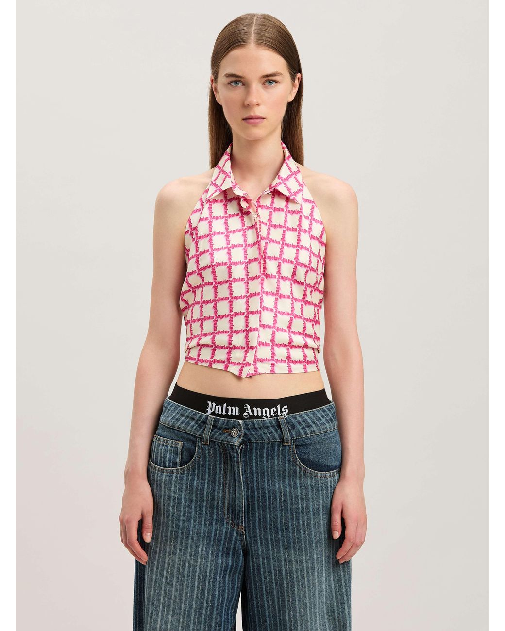 Palm Angels Pink Net Logo Open Back Shirt Ivory