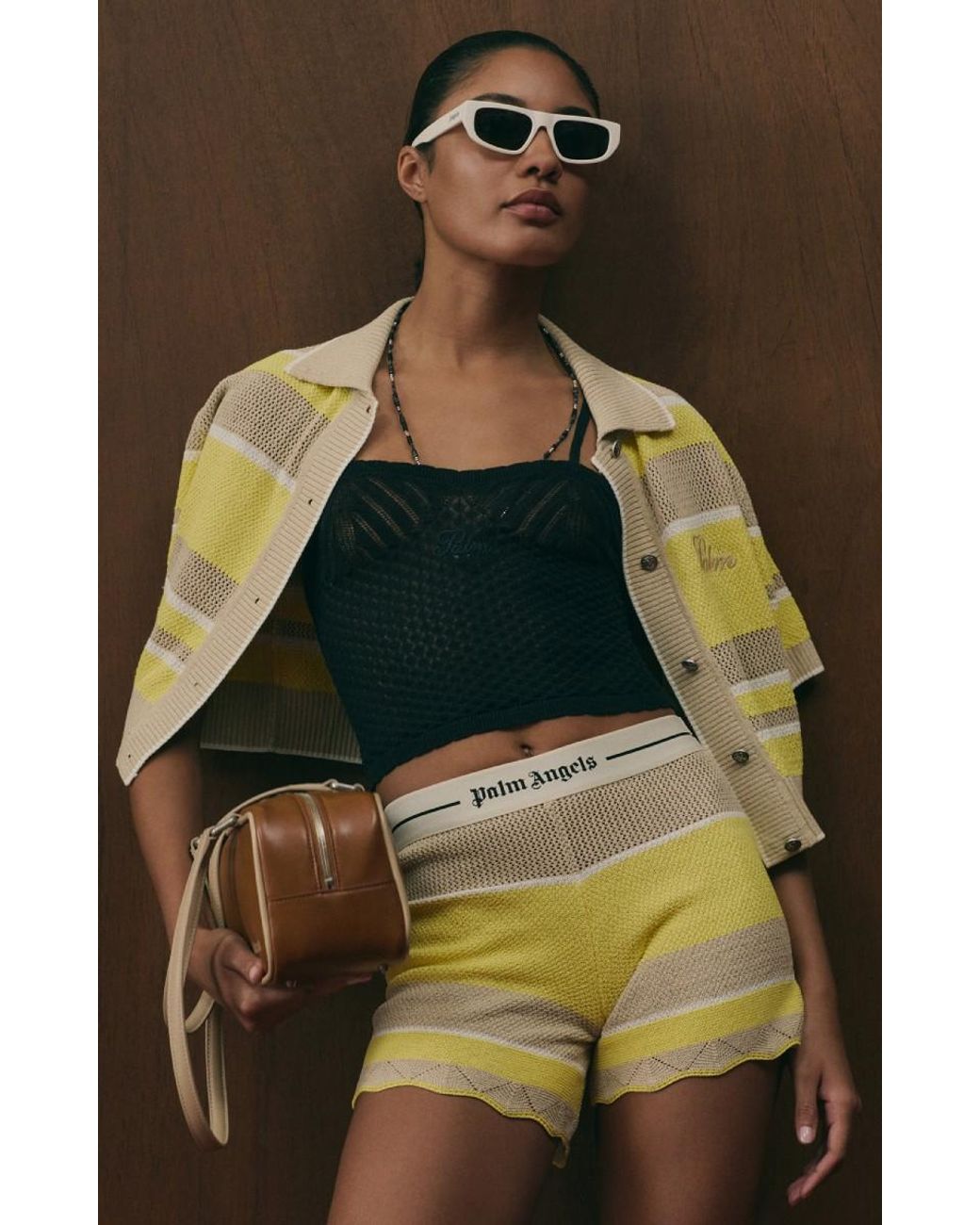 Palm Angels Yellow Logo Beach Knit Shorts Light