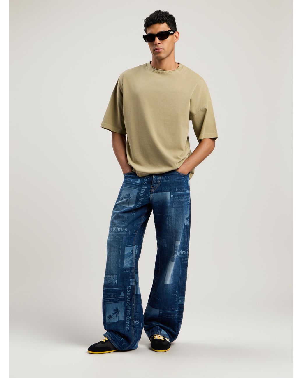 Palm Angels Natural Curved Logo Loose Collar T-Shirt Army for men