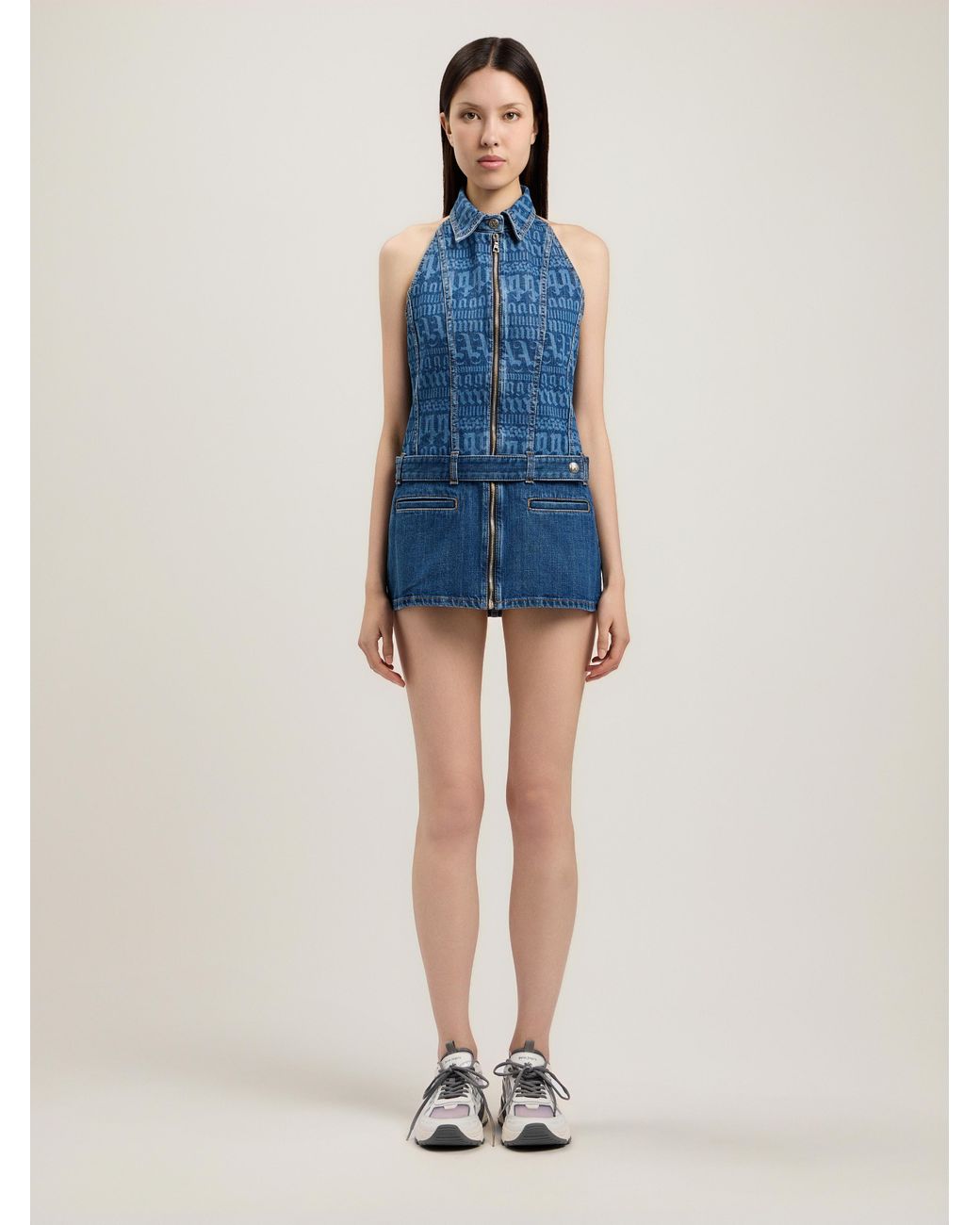 Palm Angels Blue All-Over Logo Denim Dress