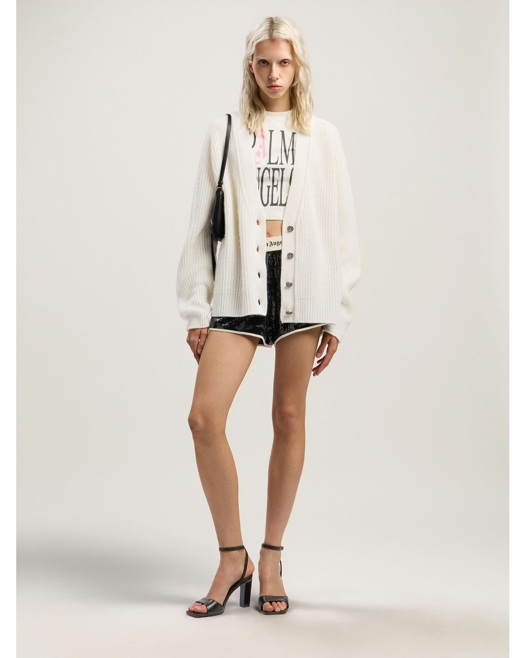 Palm Angels Natural Curved Logo Ribbed Cardigan Off