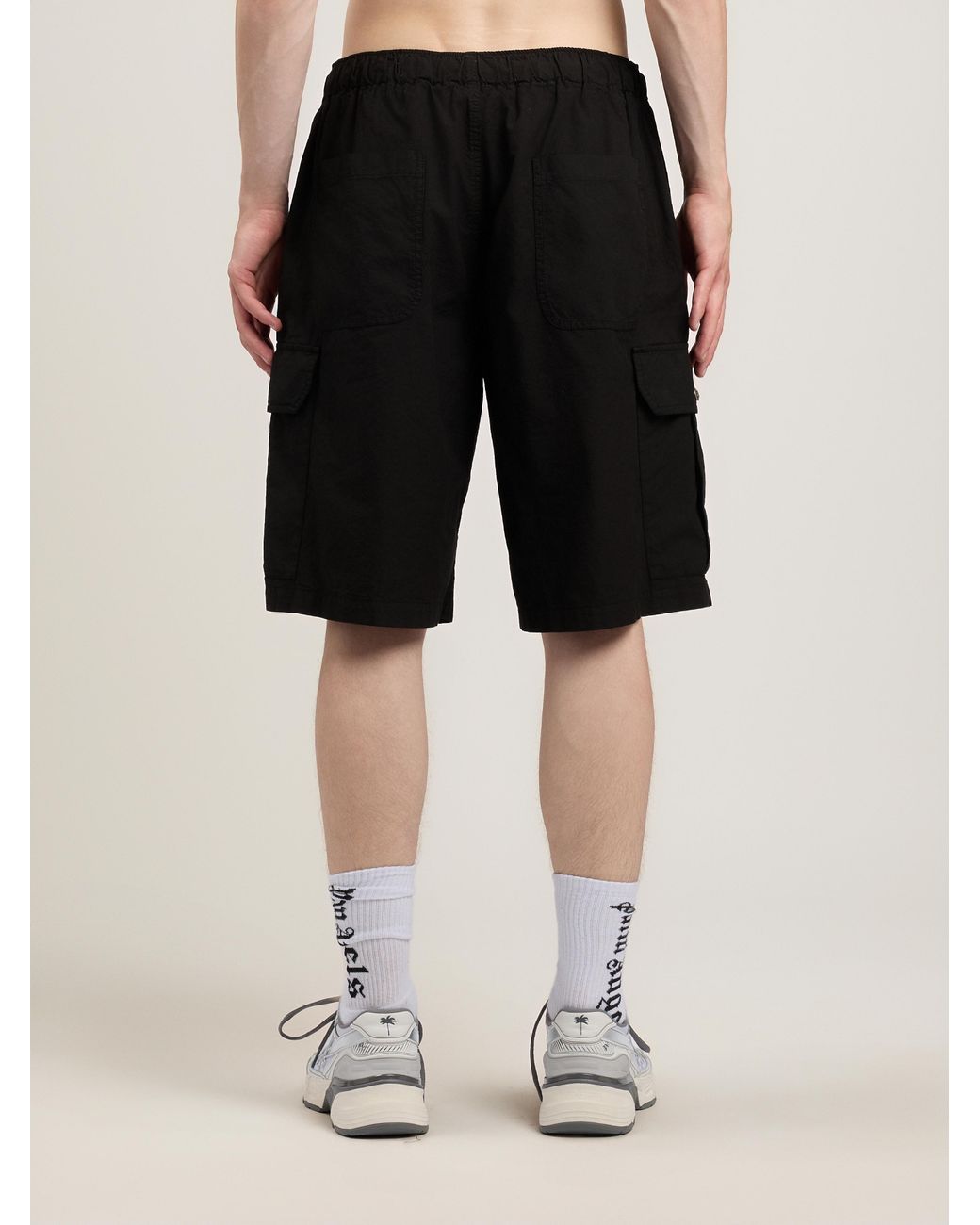 Palm Angels Black Curved Logo Loose Cargo Shorts for men