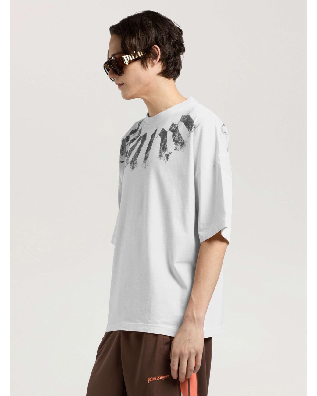 Palm Angels Natural Big Neck Logo Loose T-Shirt Off for men
