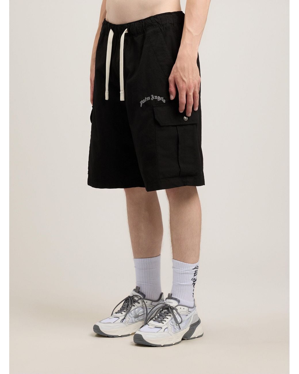 Palm Angels Black Curved Logo Loose Cargo Shorts for men