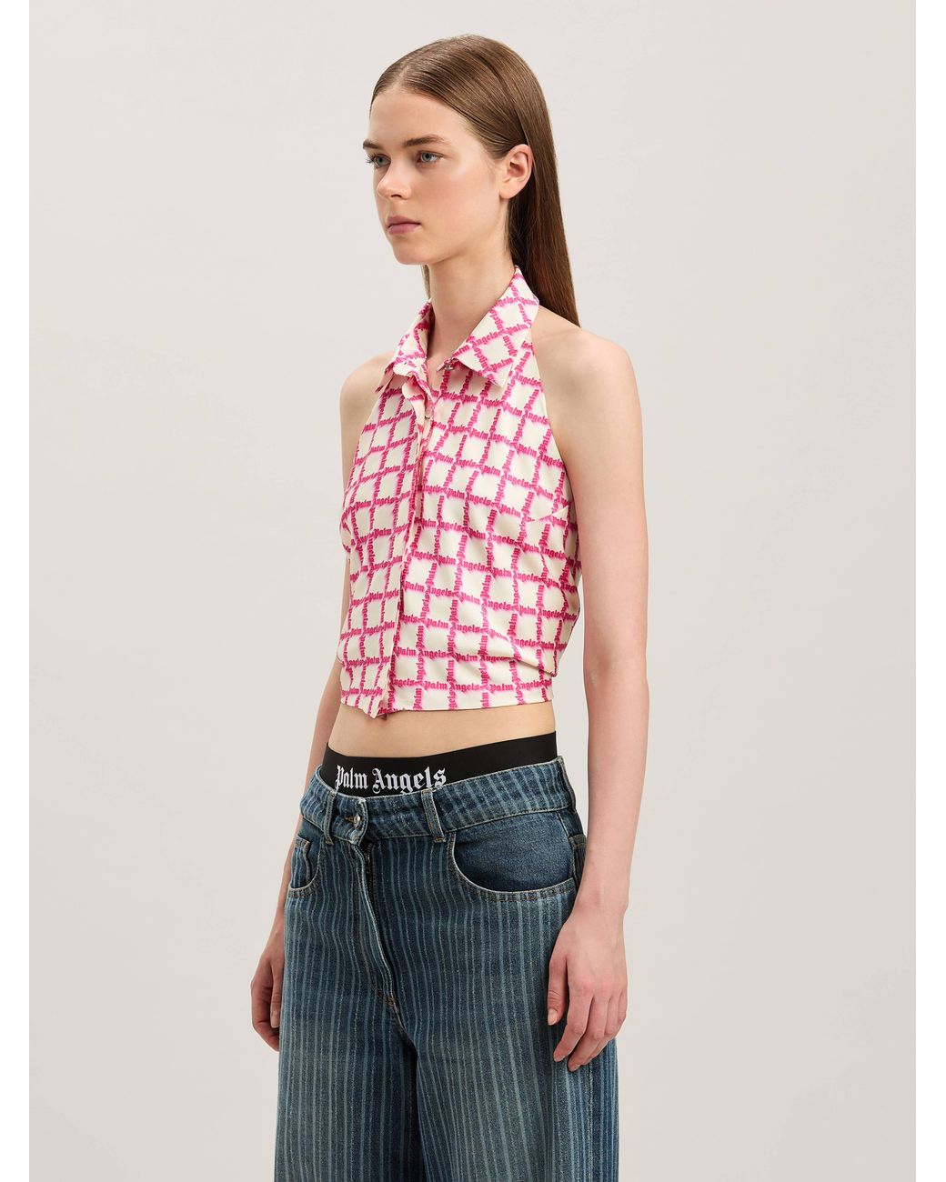 Palm Angels Pink Net Logo Open Back Shirt Ivory