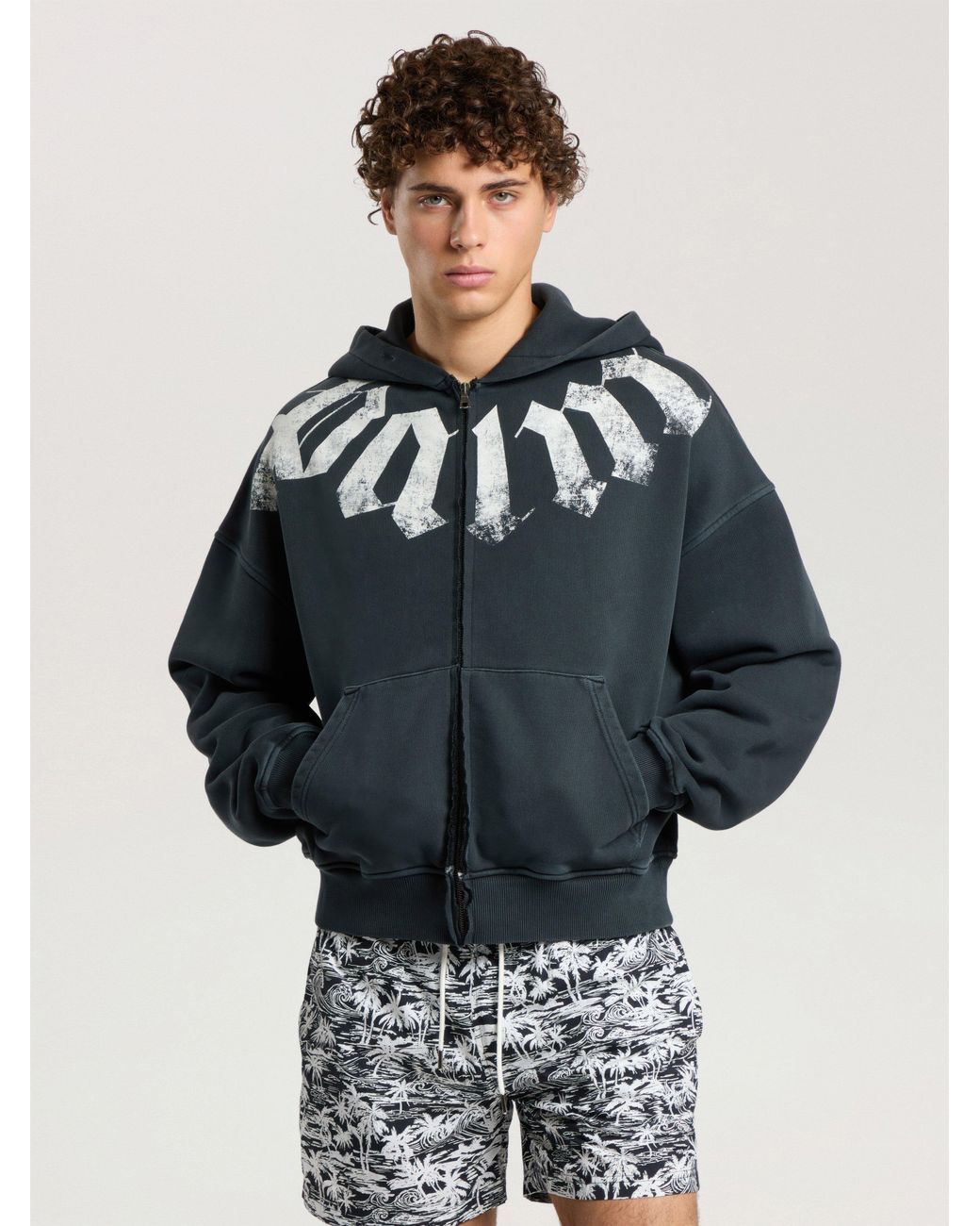 Palm Angels Black Big Neck Logo Zip Loose Hoodie for men