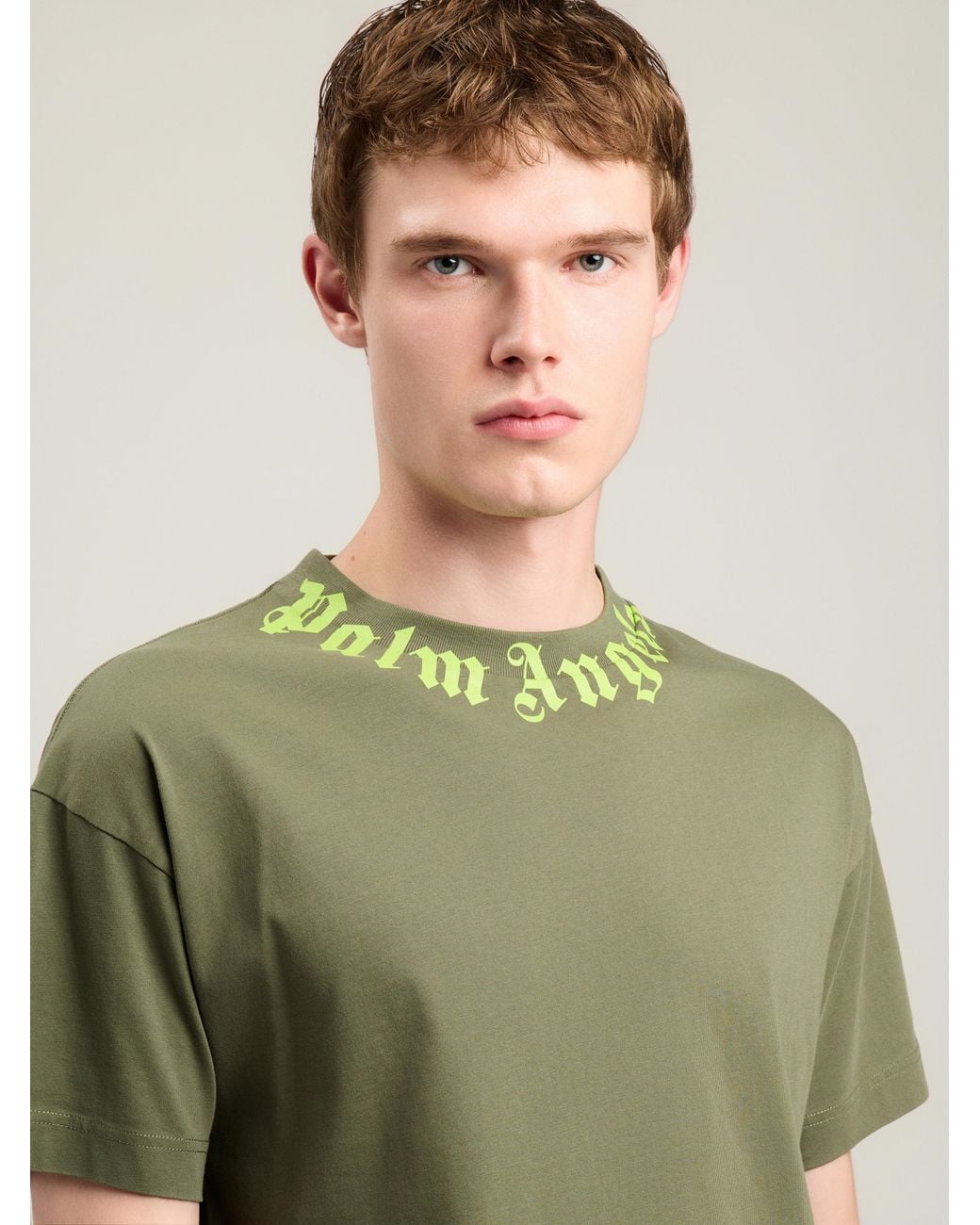 Palm Angels Green Neck Logo T-Shirt for men