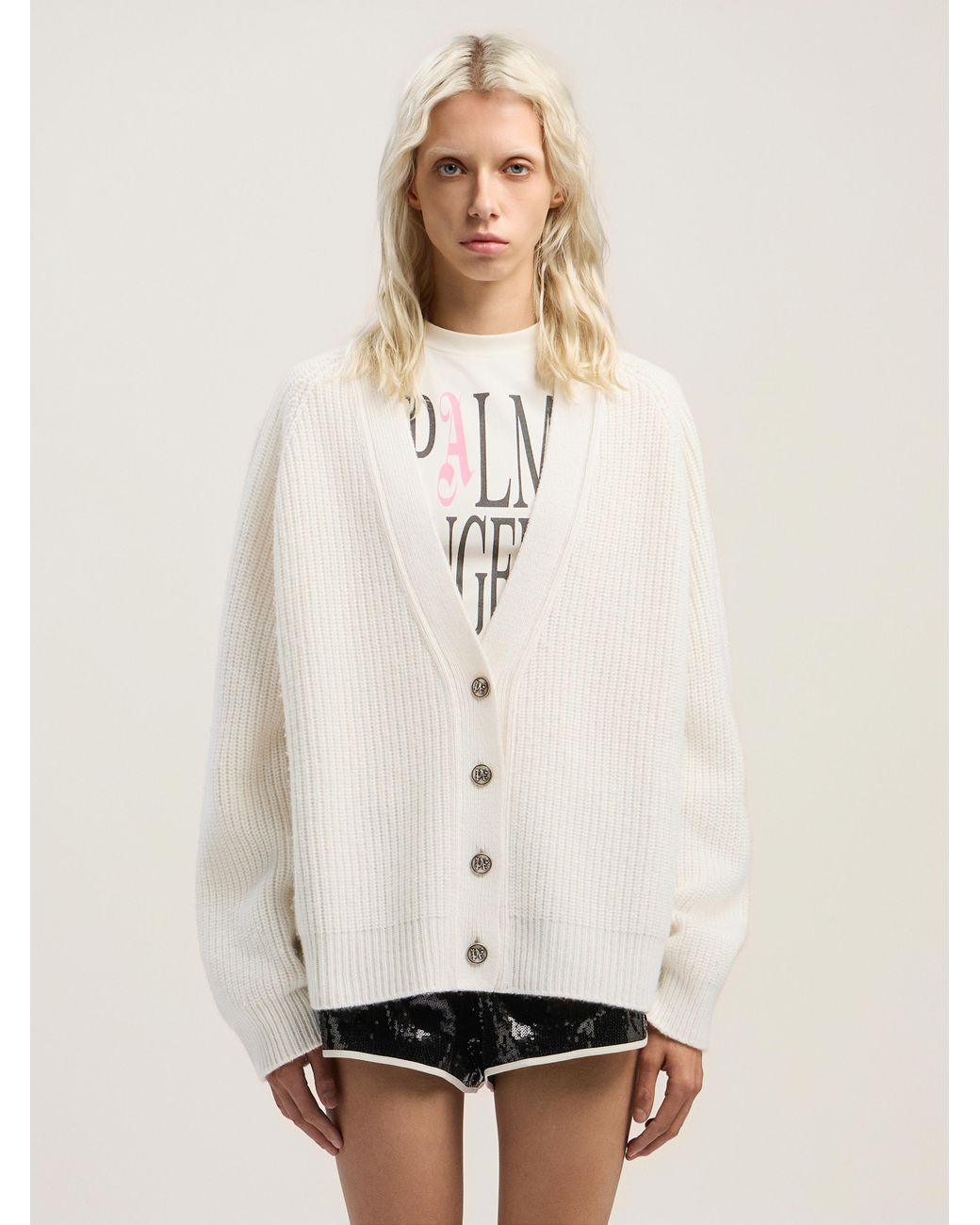 Palm Angels Natural Curved Logo Ribbed Cardigan Off