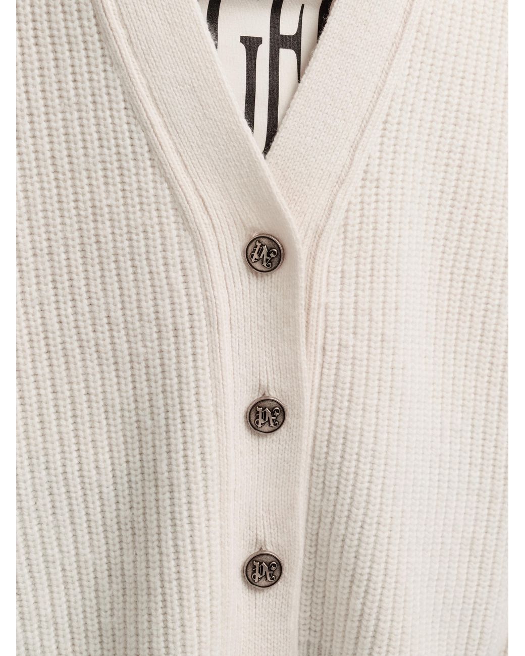 Palm Angels Natural Curved Logo Ribbed Cardigan Off