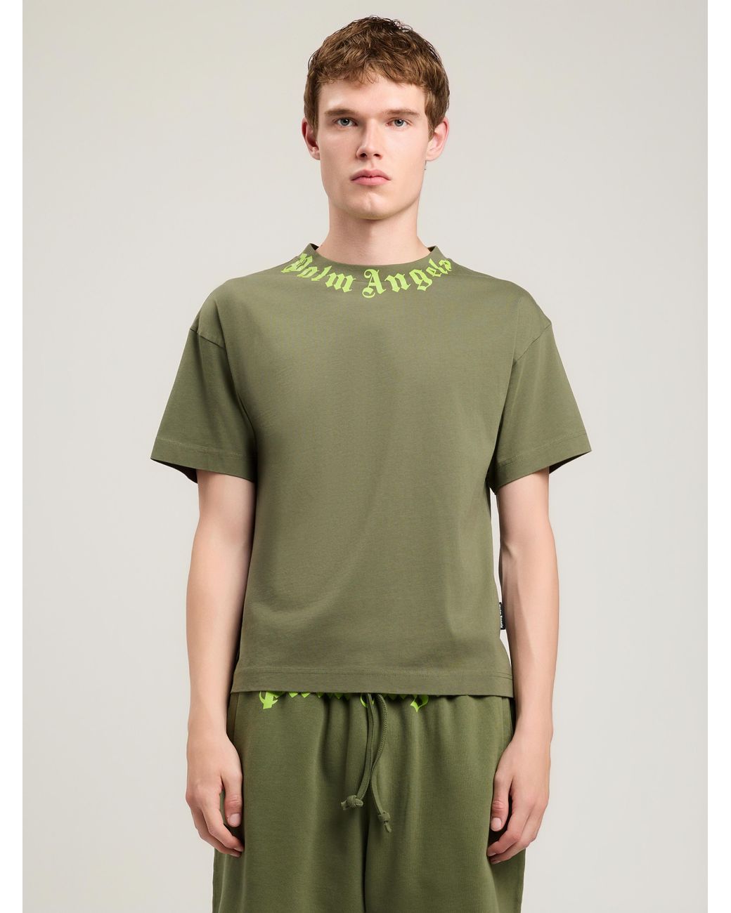 Palm Angels Green Neck Logo T-Shirt for men