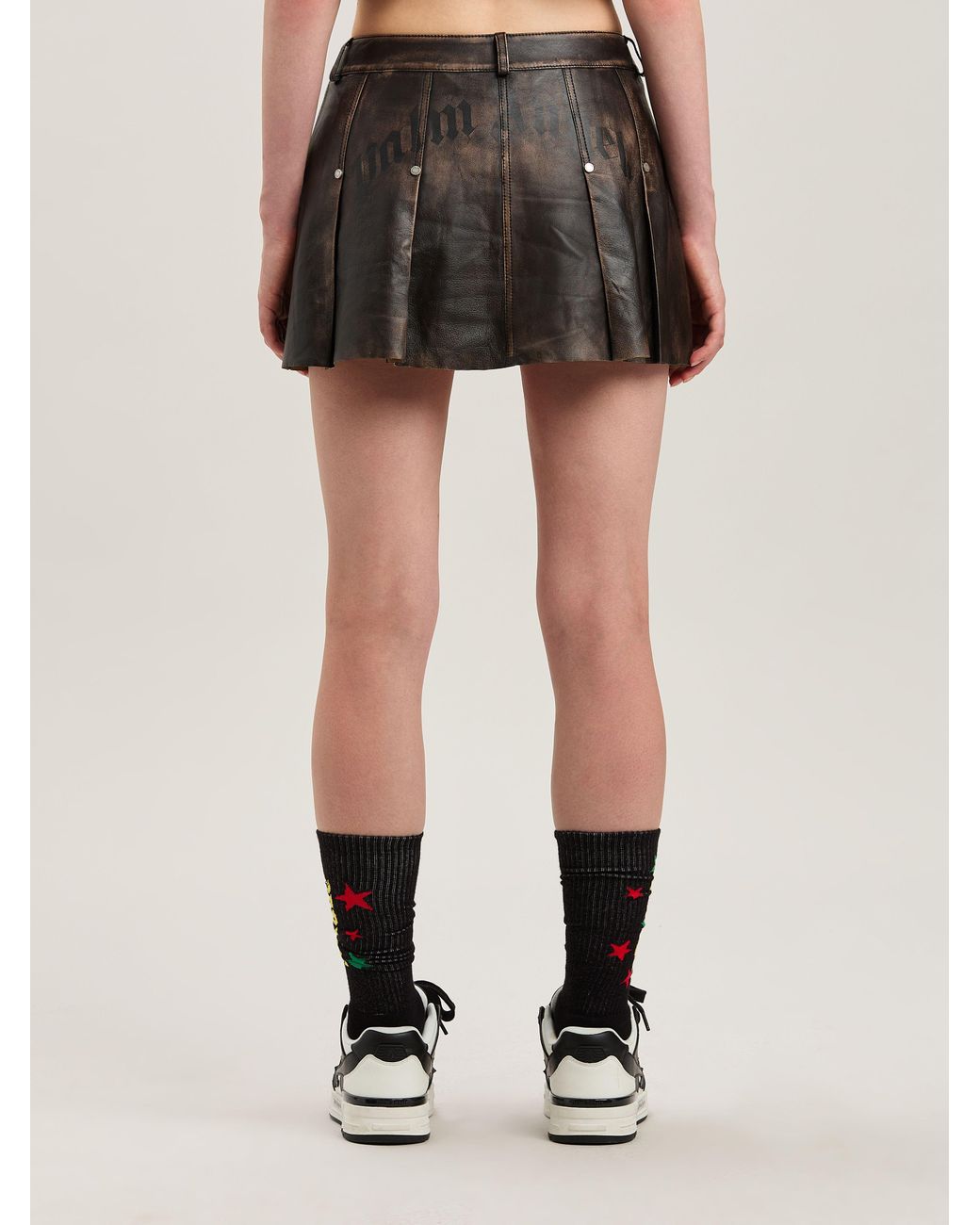 Palm Angels Black Curved Logo Lea Pleated Skirt