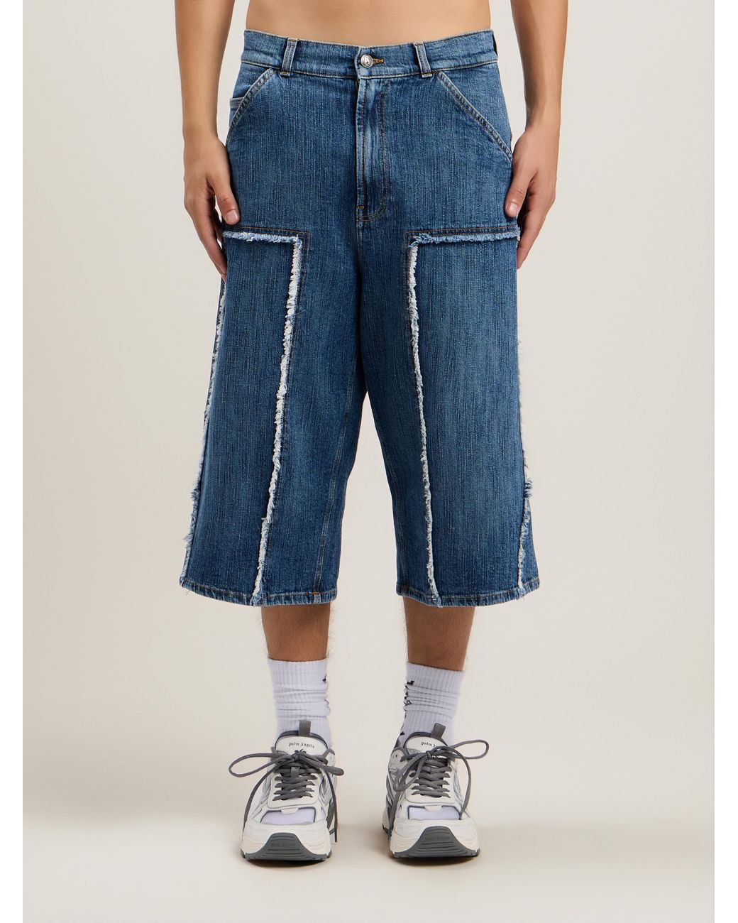 Palm Angels Blue Curved Logo Skater Shorts for men