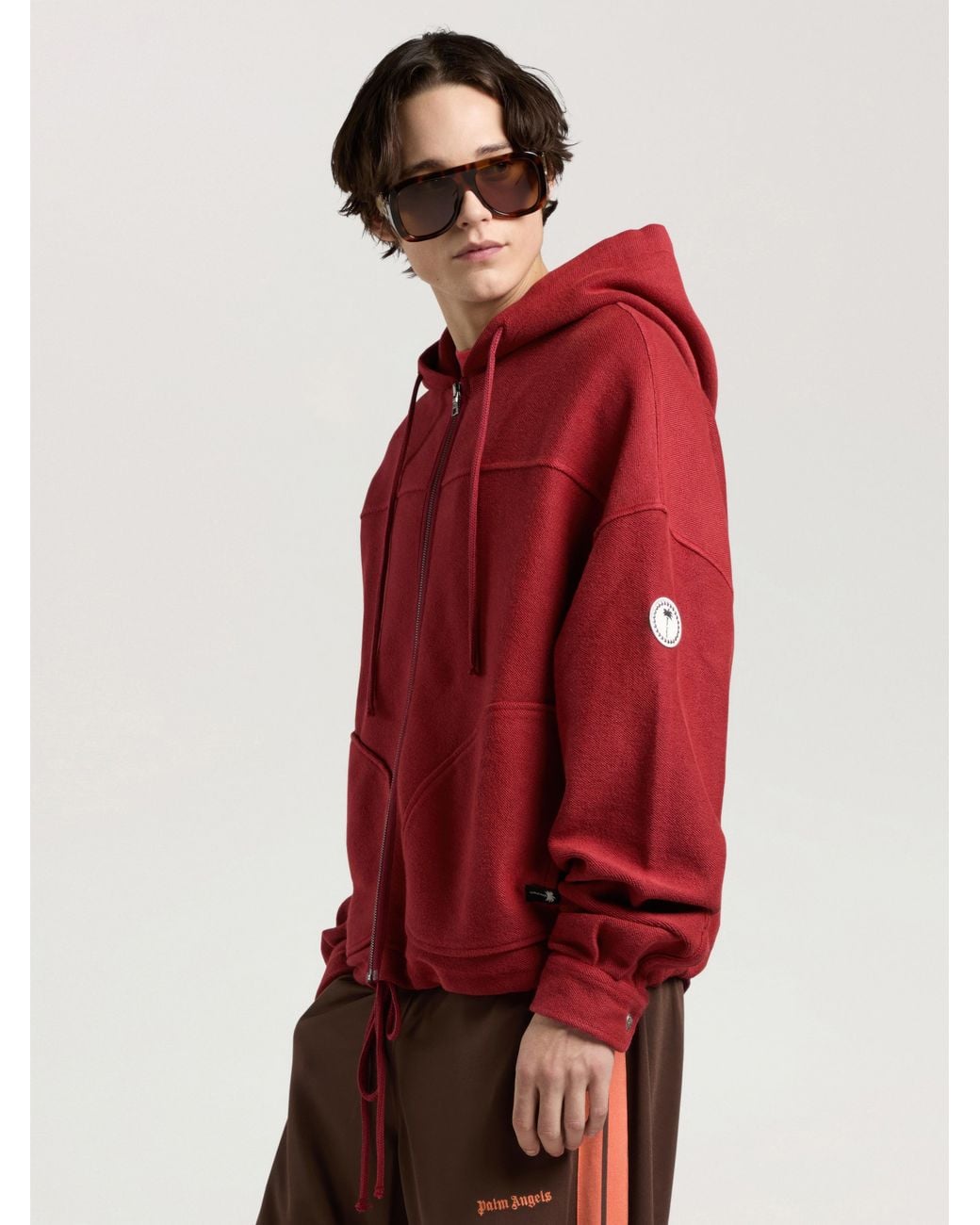 Palm Angels Red Palm Tree Zip Loose Hoodie Brick for men
