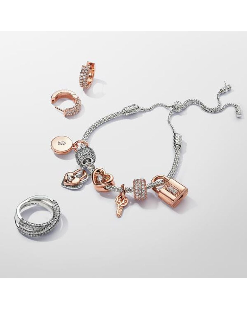 Pandora Metallic Two-Tone Twistable Heart Padlock Double Dangle Charm
