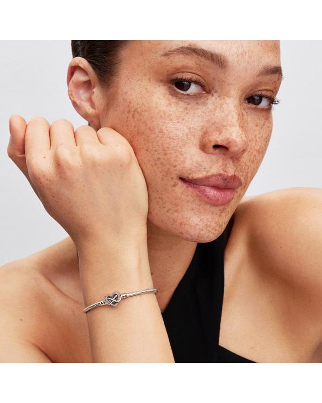 Pandora Metallic Sparkling Infinity Heart Clasp Snake Chain Bracelet
