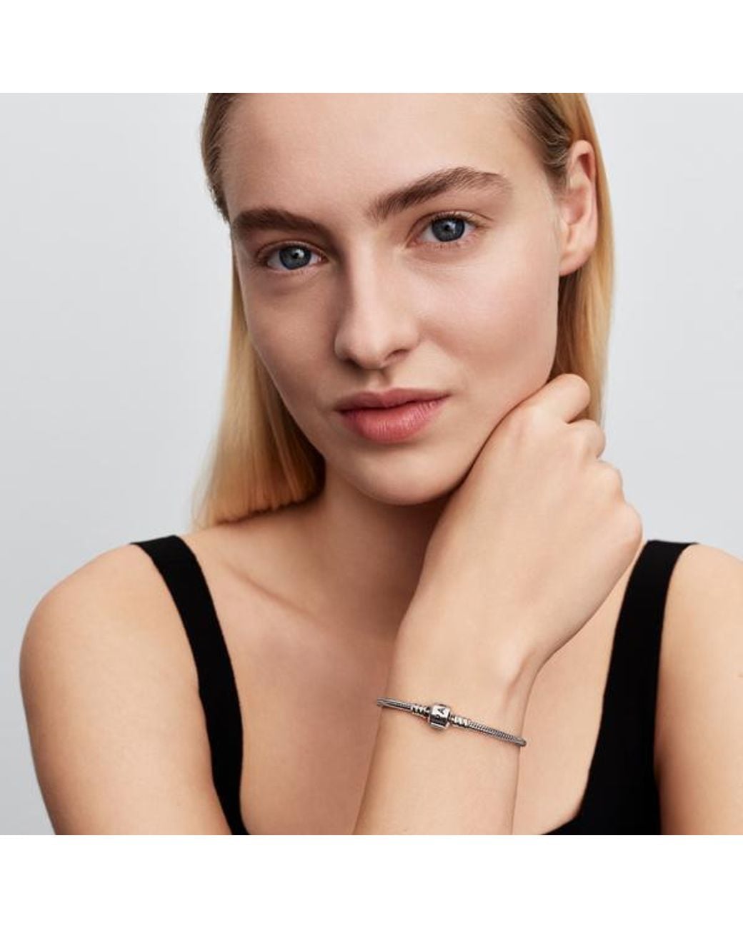 Pandora Metallic Moments Platinum-Plated Barrel Clasp Snake Chain Bracelet