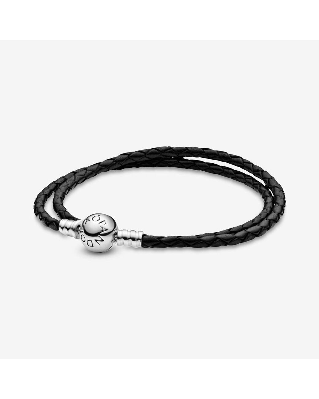 PANDORA Moments Double Black Leather Bracelet - Lyst