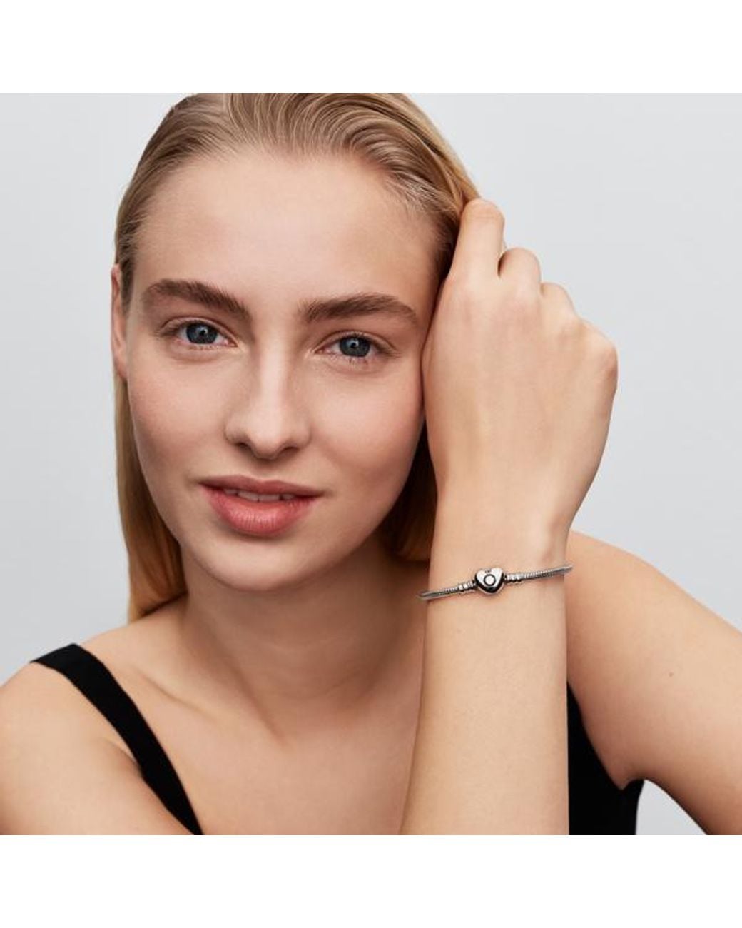 Pandora Metallic Moments Platinum-Plated Heart Clasp Snake Chain Bracelet