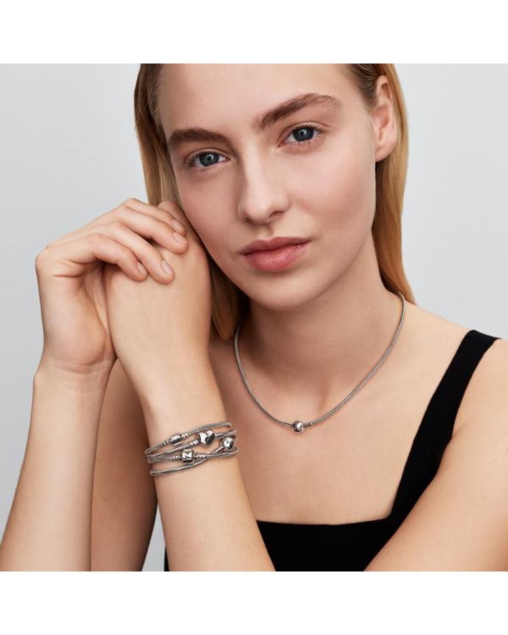 Pandora Metallic Moments Platinum-Plated Barrel Clasp Snake Chain Bracelet