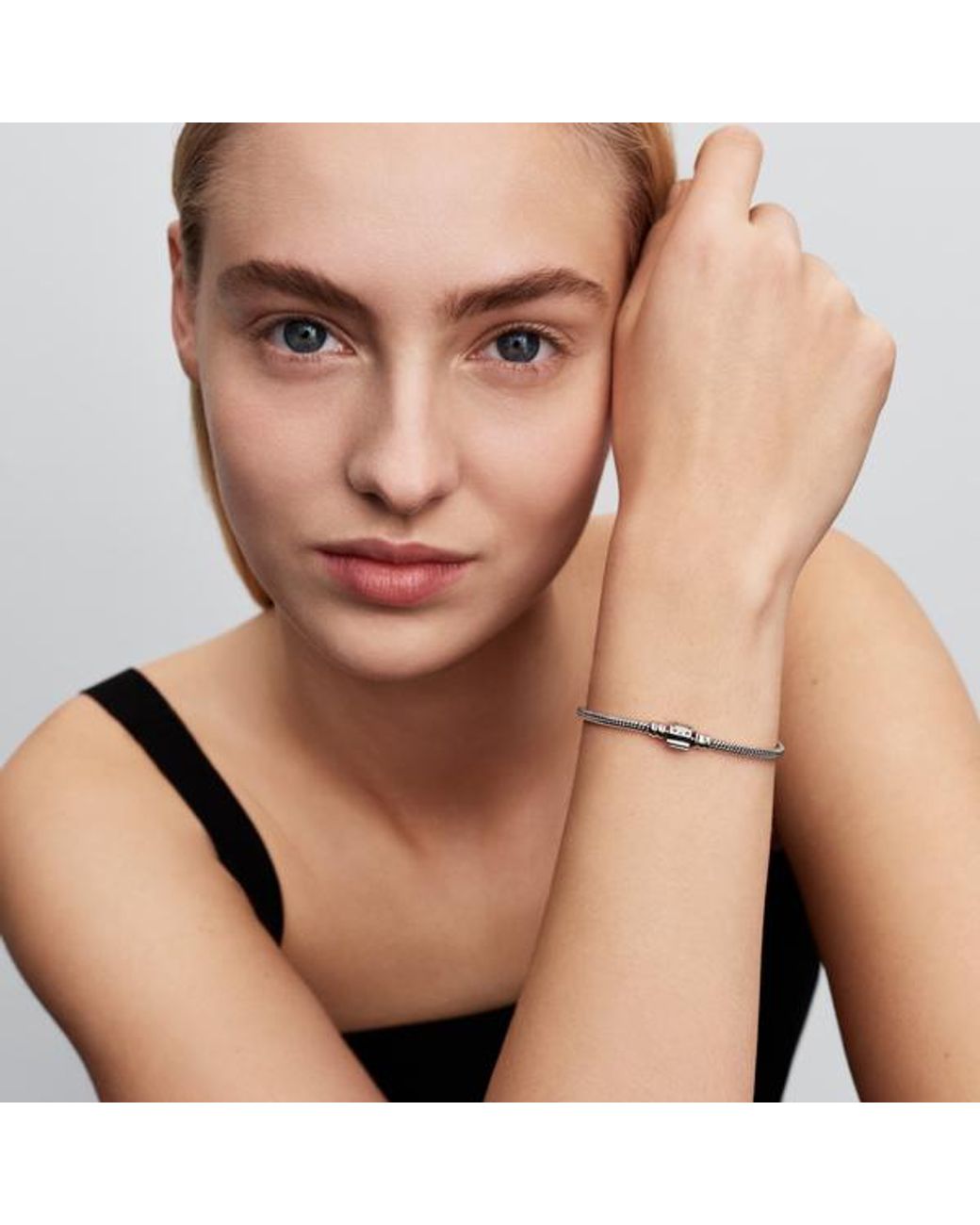 Pandora Metallic Moments Platinum-Plated Mini Barrel Clasp Snake Chain Bracelet