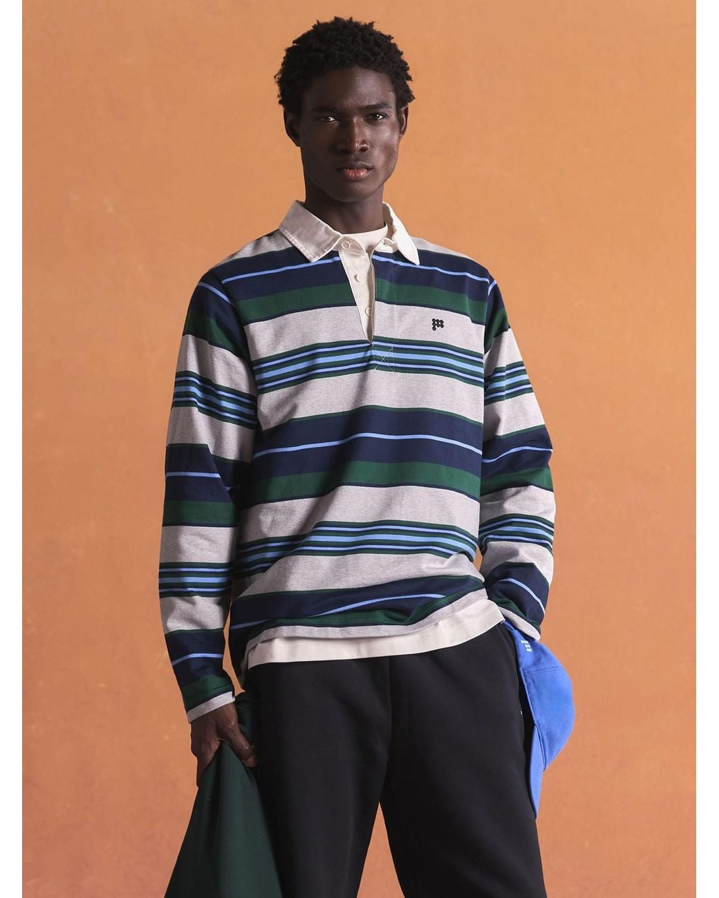 PANGAIA Blue Striped Rugby Polo Shirt—Depth Stripe for men