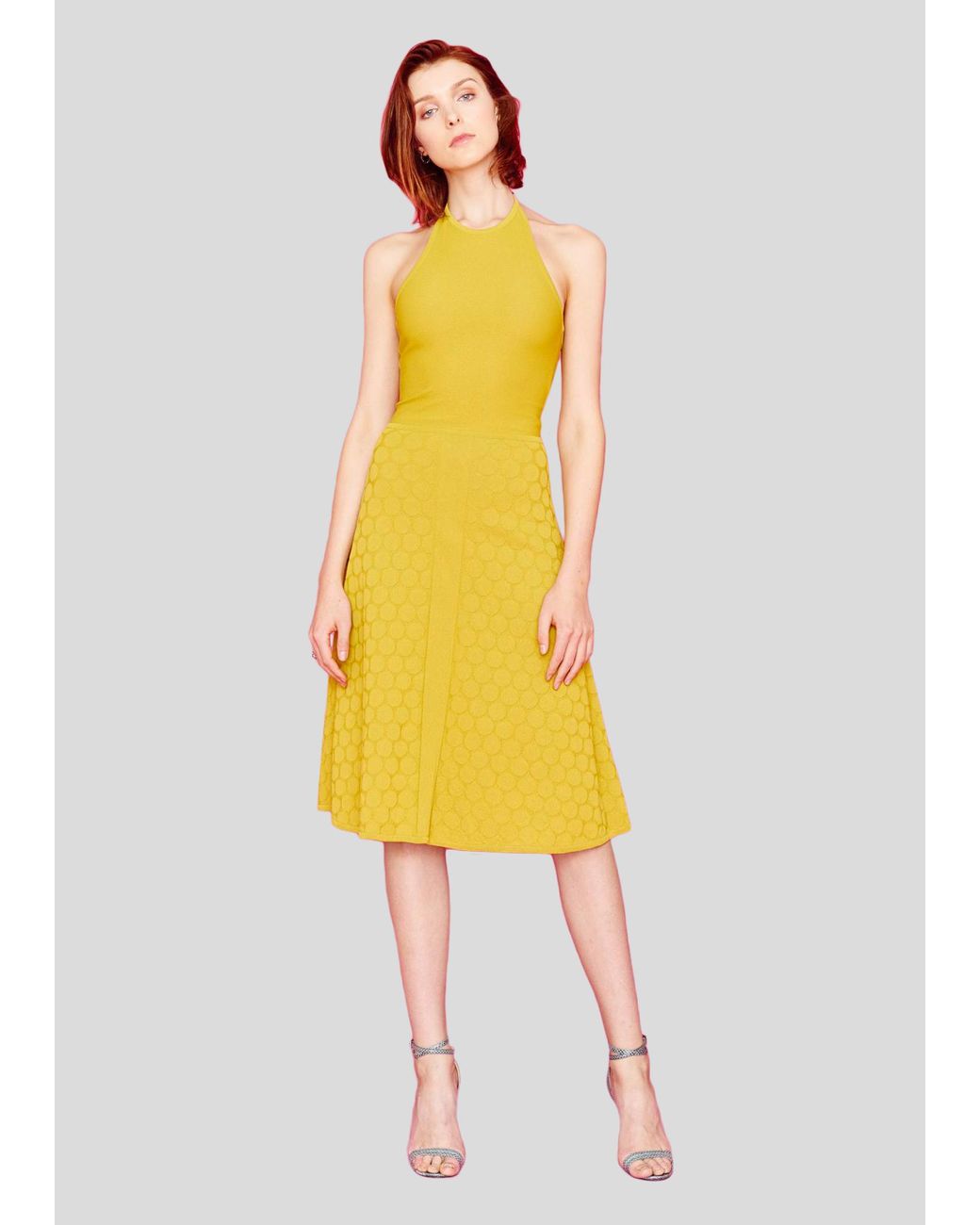 Paula Hian Synthetic Dory - Women's Textured Chartreuse Yellow Polka Dot Midi Dress - Lyst