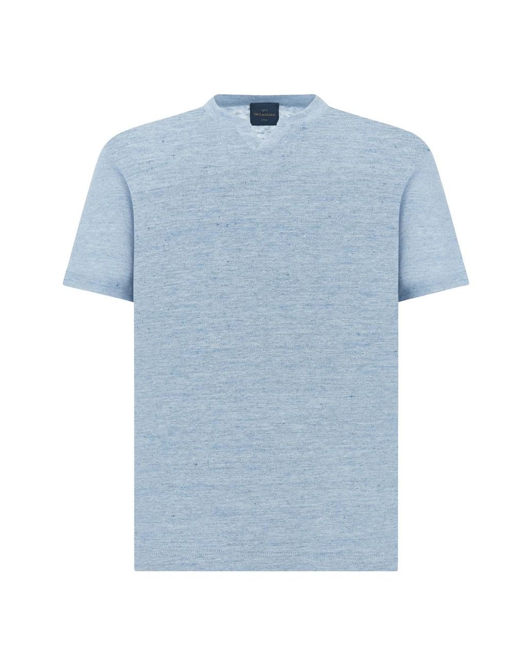 Paul & Shark Blue Pure Linen Jersey Open Collar T-Shirt for men