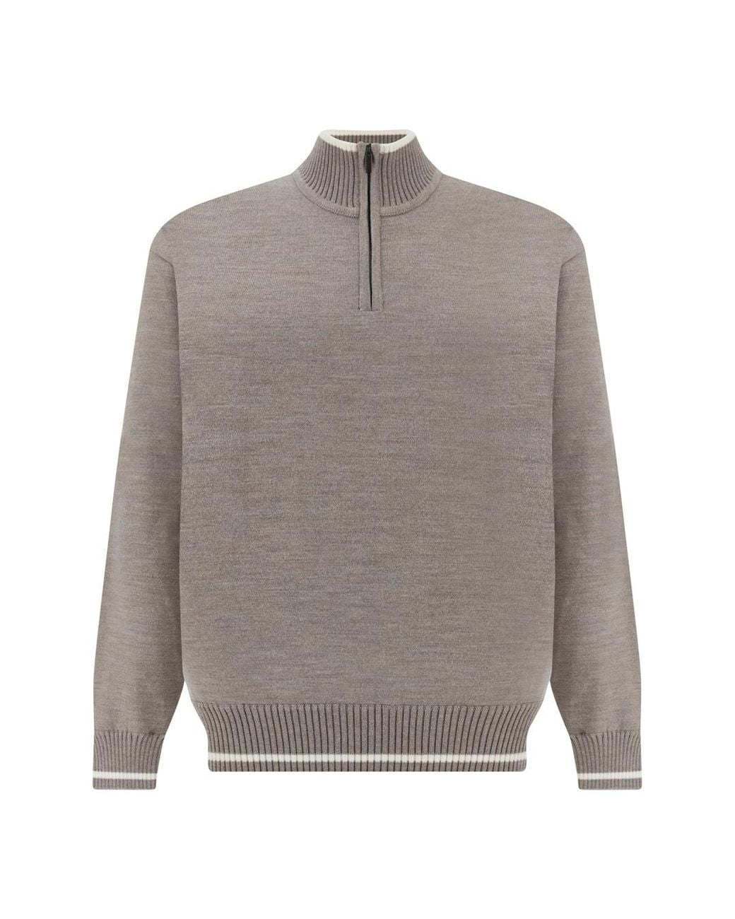 Paul & Shark Gray Wool Half-Zip Sweater With Contrasting Striped Trims for men