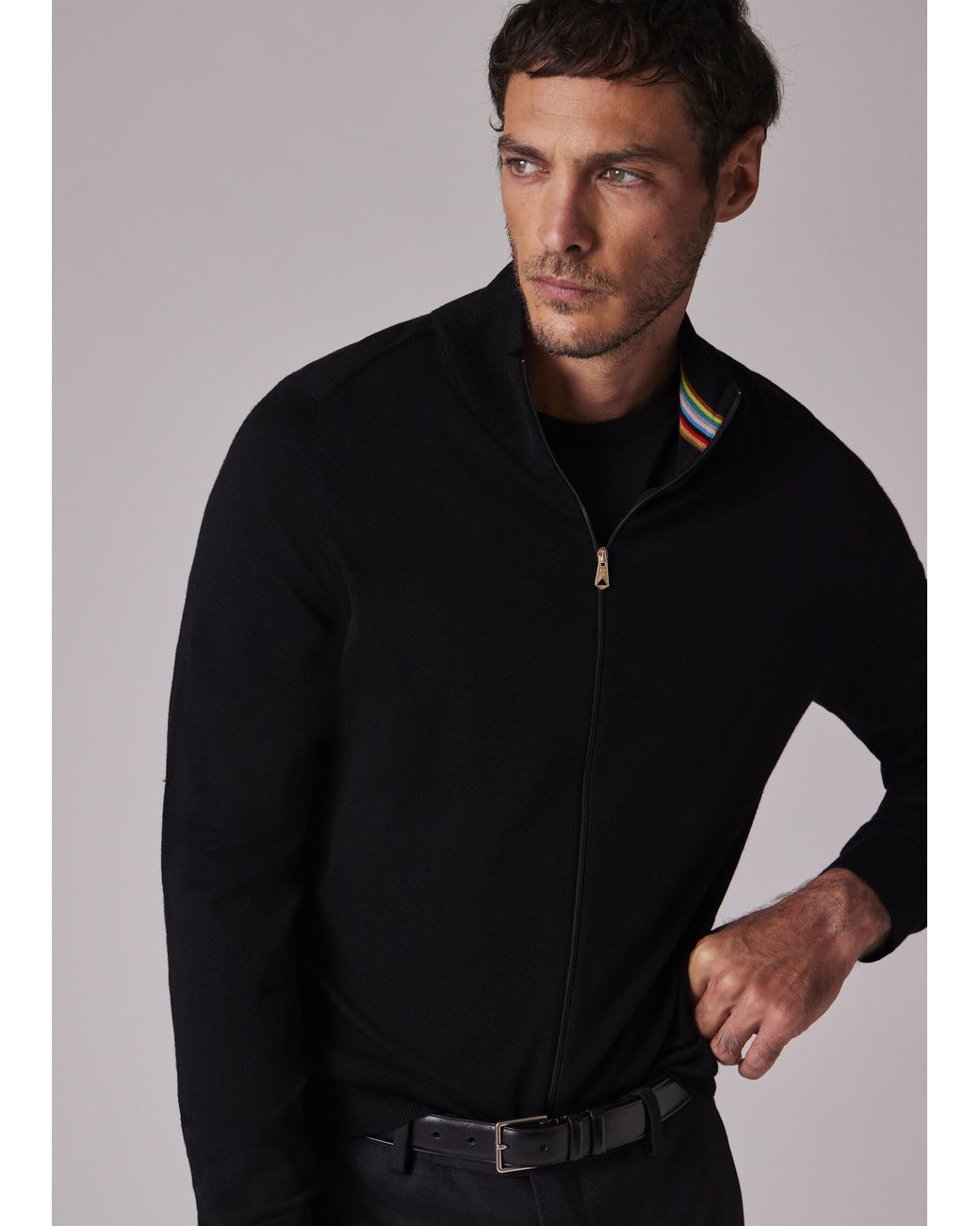 Paul Smith Black Merino Wool Full Zip Cardigan for men