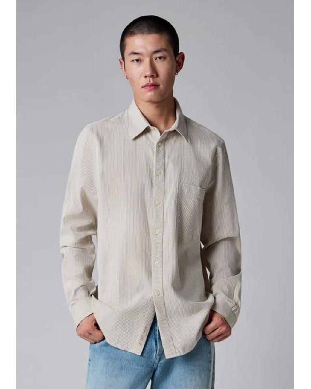 Paul Smith Blue Regular-Fit Taupe Textured-Stripe Shirt for men
