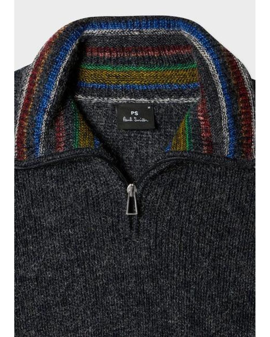 Paul Smith Blue Dark Charcoal Cotton & Wool Blend Half-Zip Sweater for men