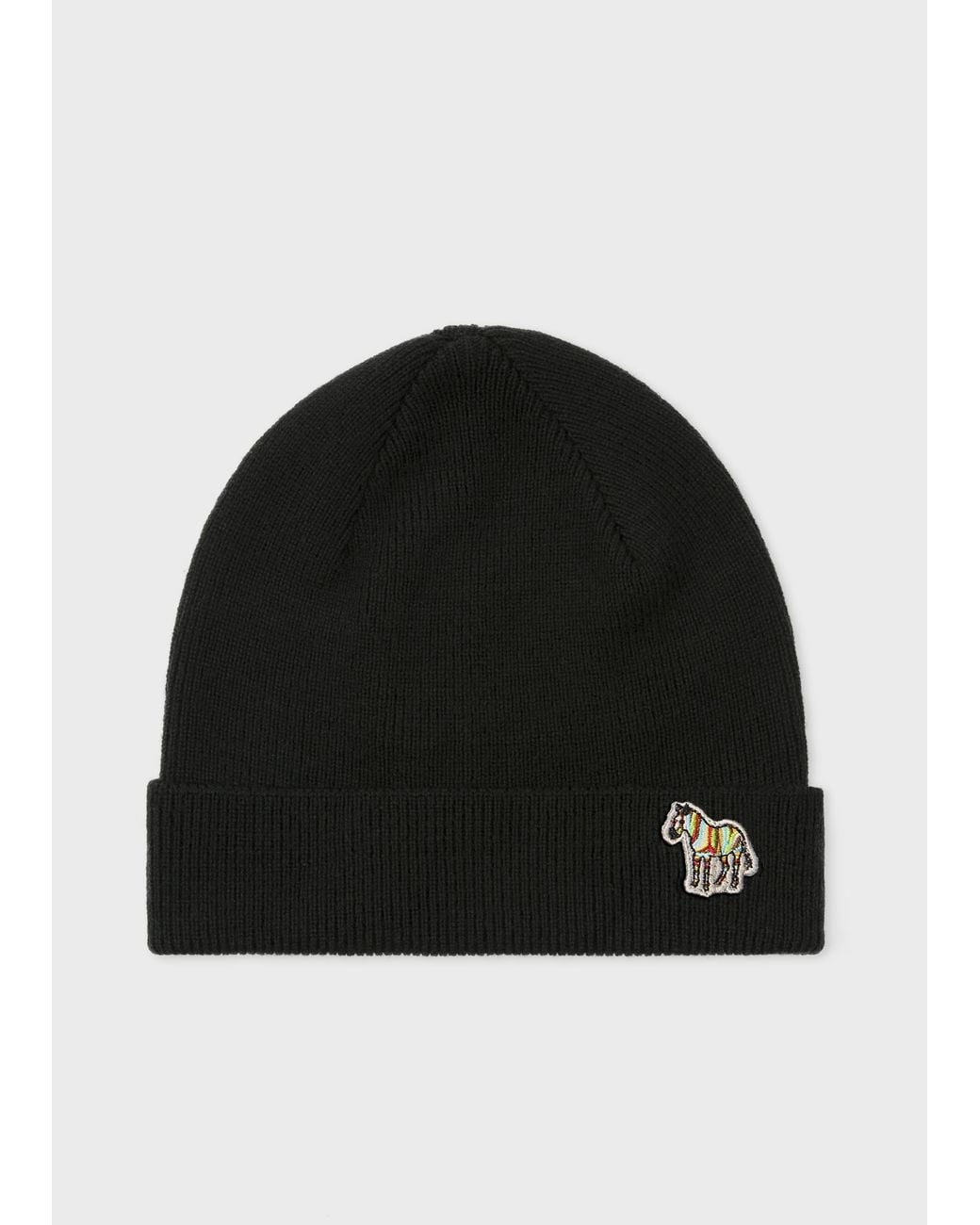 Paul Smith Black Merino Wool Zebra Beanie Hat for men