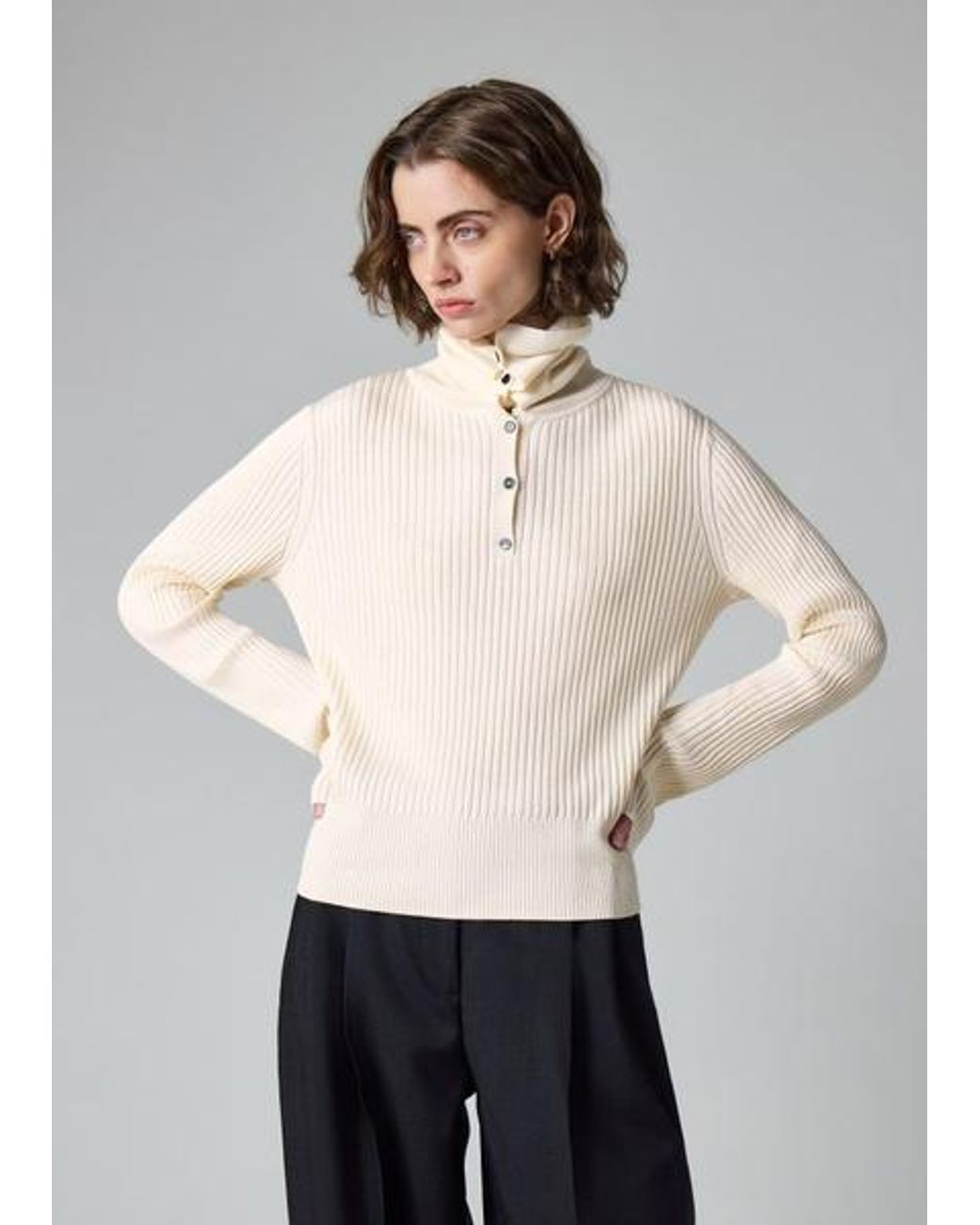 Paul Smith Natural Ecru Ribbed Knit Sailor-Collar Button Sweater