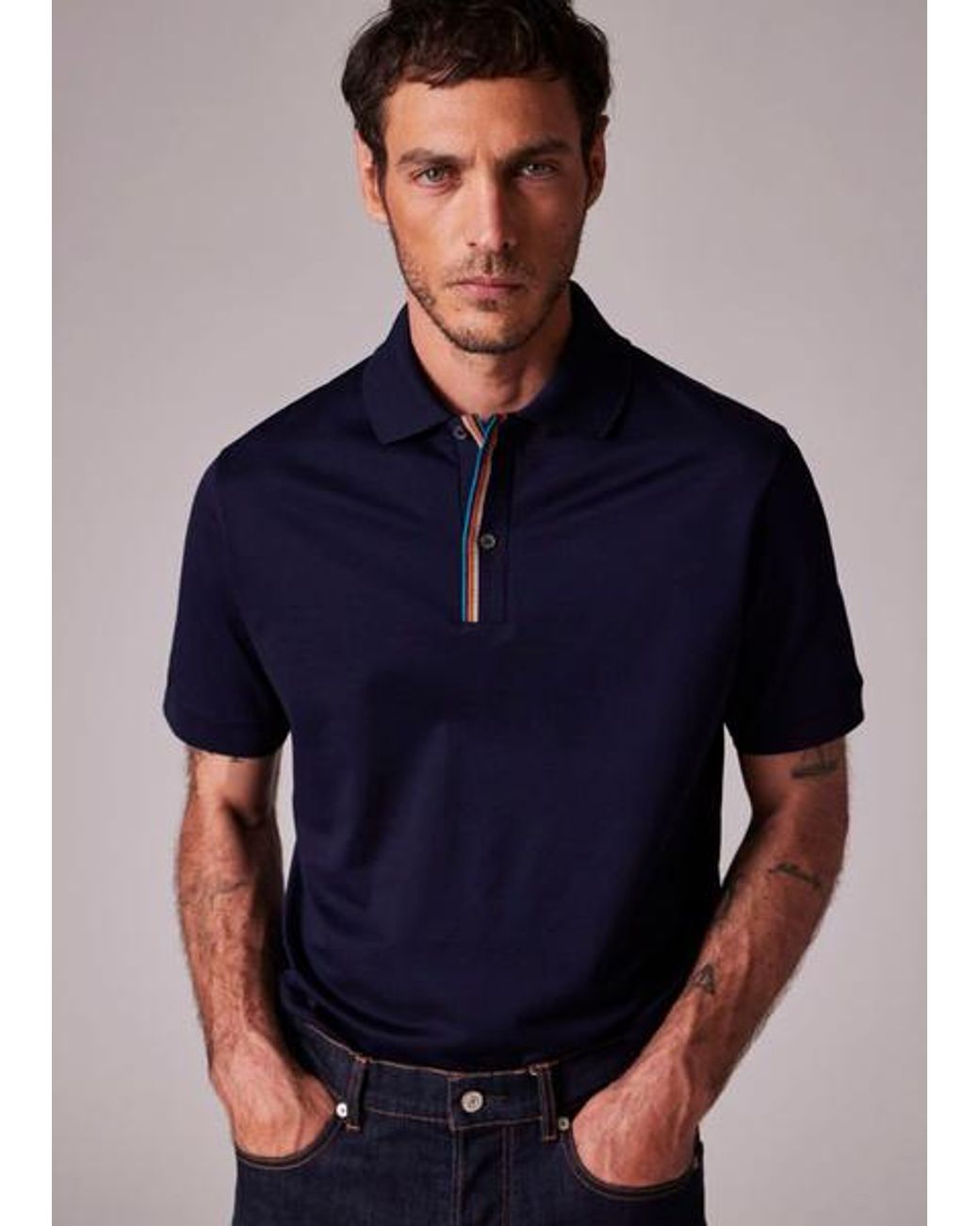 Paul Smith Blue Dark Navy 'signature Stripe' Trim Polo Shirt for men