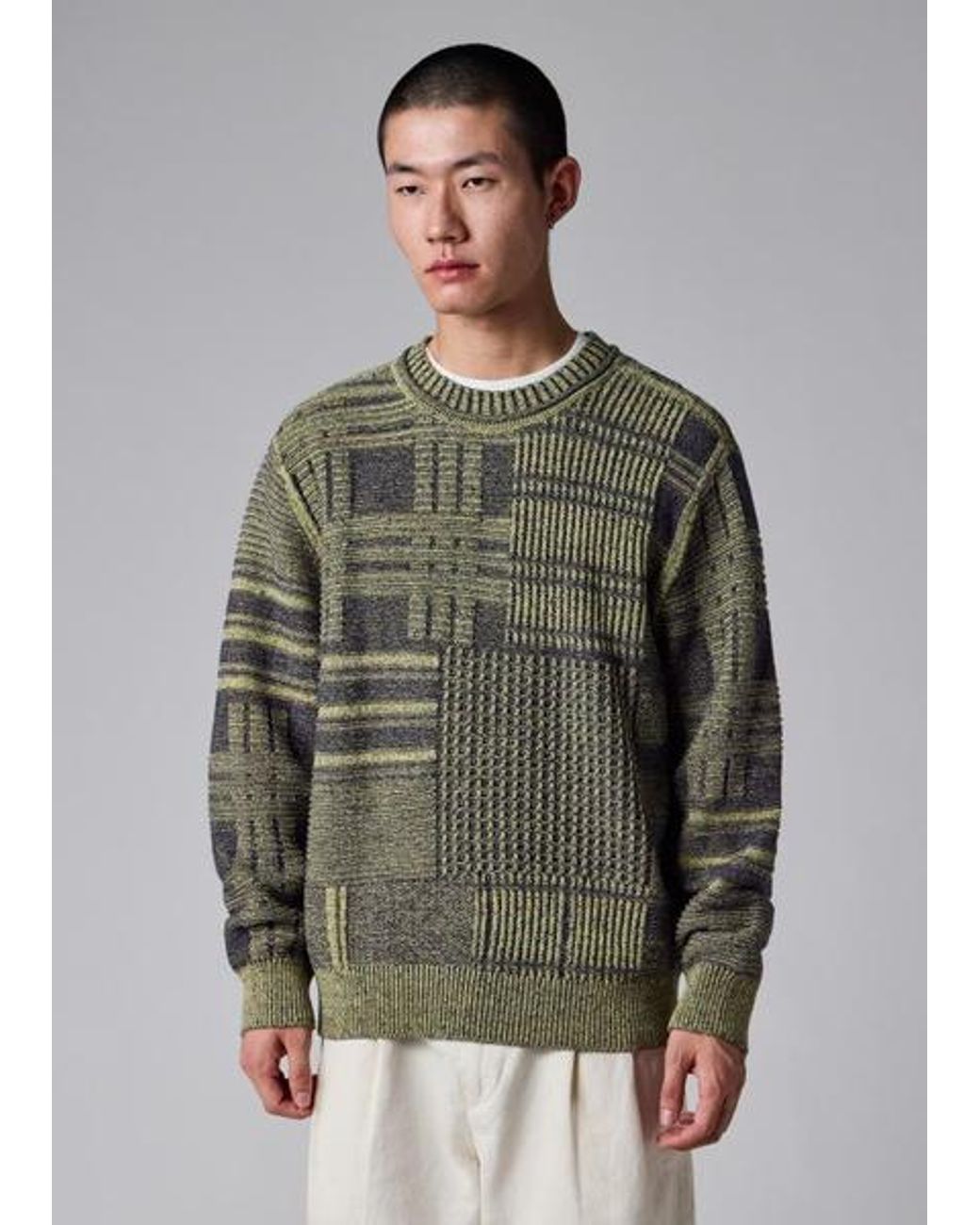 Paul Smith Gray Lime 'Patchwork' Cotton-Blend Sweater for men