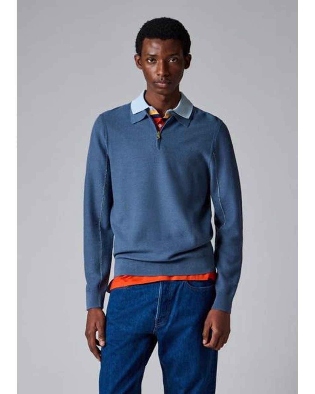 Paul Smith Blue Textured Merino Quarter-Zip Knitted Polo for men