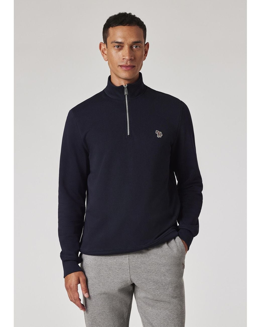 Paul Smith Blue Cotton Zebra Logo Zip-Neck Sweatshirt for men