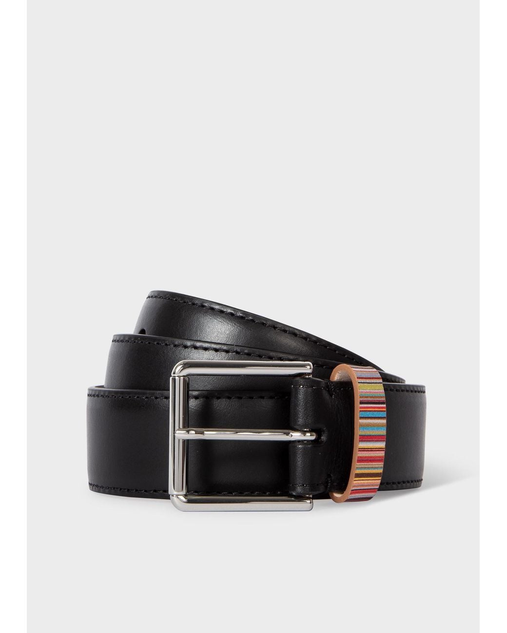 Paul Smith Black Leather Belt With 'Signature Stripe' Keeper for men