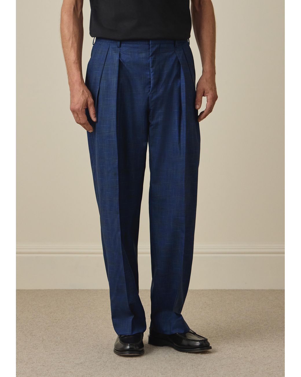 Paul Smith Blue Space-Dye Check Wool Pleated Trousers for men