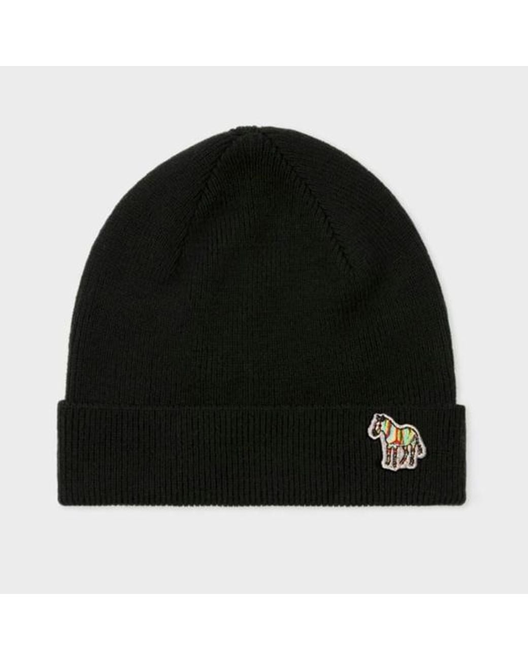 Paul Smith Black Merino Wool Zebra Beanie Hat for men