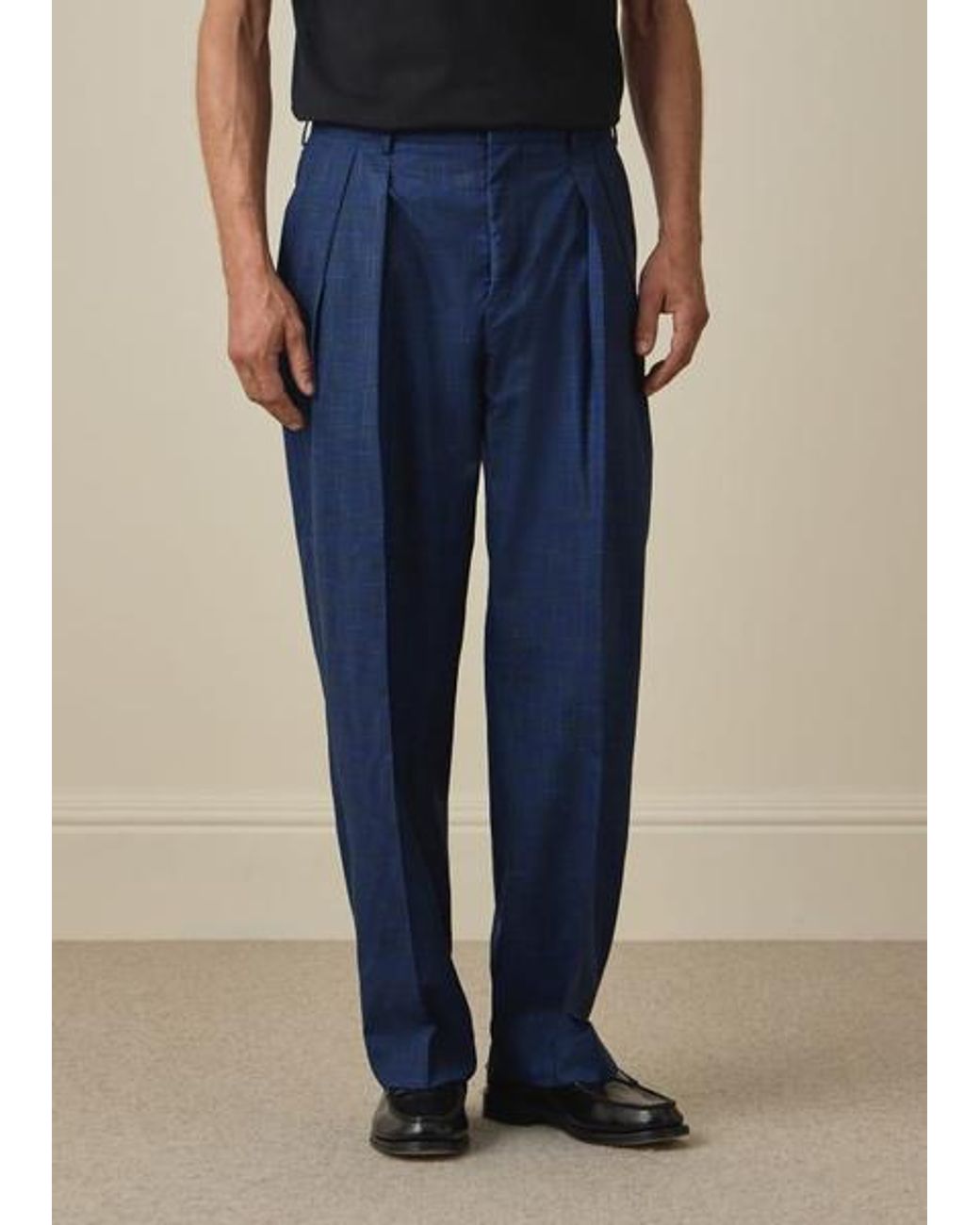 Paul Smith Blue Space-Dye Check Wool Pleated Trousers for men